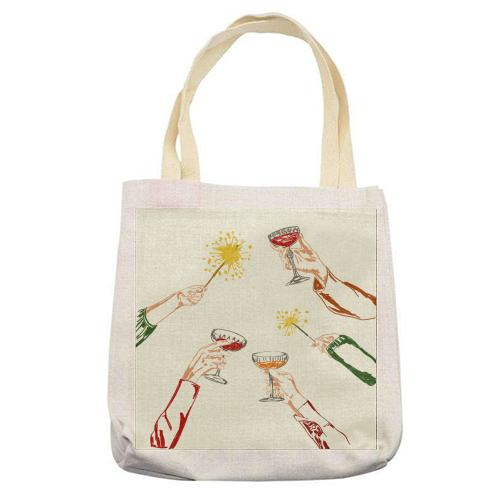Vintage Holidays Cocktail Cheers Illustration - printed canvas tote bag by EZbie