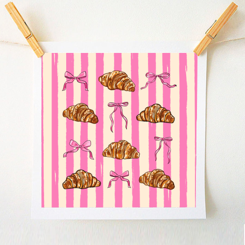 Vintage Pink Stripes Coquette Bows & Croissant Illustration - A1 - A4 art print by EZbie