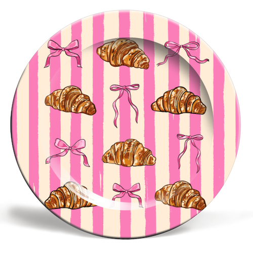 Vintage Pink Stripes Coquette Bows & Croissant Illustration - ceramic dinner plate by EZbie