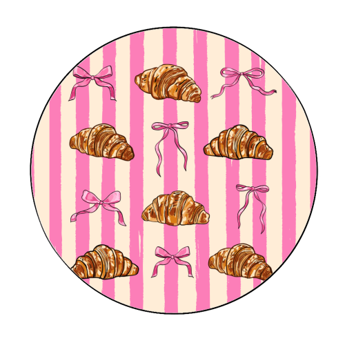 Vintage Pink Stripes Coquette Bows & Croissant Illustration - Circle Sticker by EZbie