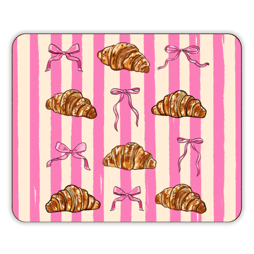 Vintage Pink Stripes Coquette Bows & Croissant Illustration - designer placemat by EZbie