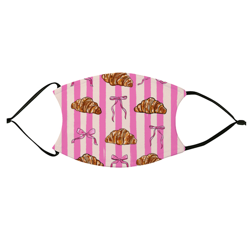 Vintage Pink Stripes Coquette Bows & Croissant Illustration - face cover mask by EZbie
