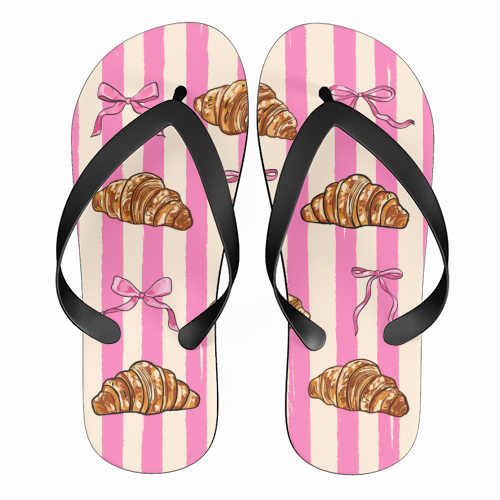 Vintage Pink Stripes Coquette Bows & Croissant Illustration - funny flip flops by EZbie