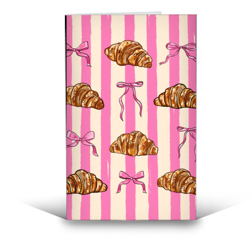 Vintage Pink Stripes Coquette Bows & Croissant Illustration - funny greeting card by EZbie
