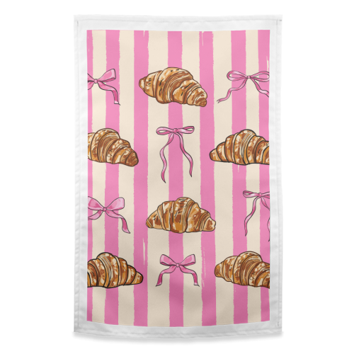 Vintage Pink Stripes Coquette Bows & Croissant Illustration - funny tea towel by EZbie