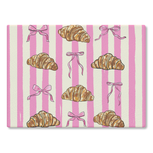 Vintage Pink Stripes Coquette Bows & Croissant Illustration - glass chopping board by EZbie