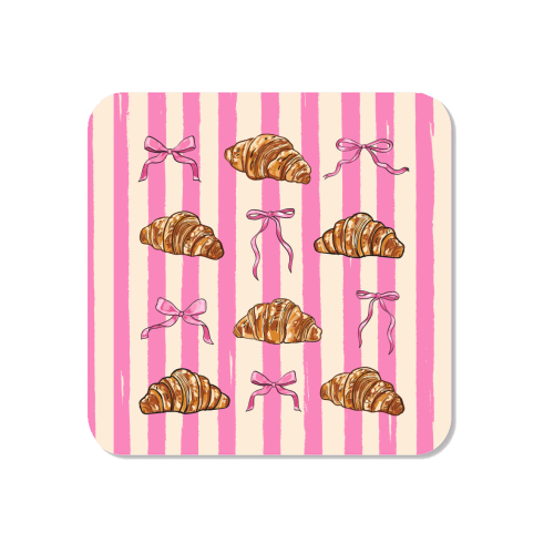Vintage Pink Stripes Coquette Bows & Croissant Illustration - Magnet by EZbie