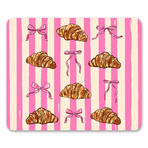 Vintage Pink Stripes Coquette Bows & Croissant Illustration - mouse mat by EZbie
