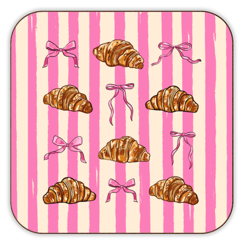 Vintage Pink Stripes Coquette Bows & Croissant Illustration - personalised beer coaster by EZbie