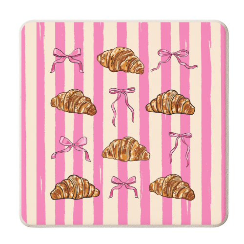 Vintage Pink Stripes Coquette Bows & Croissant Illustration - personalised beer coaster by EZbie