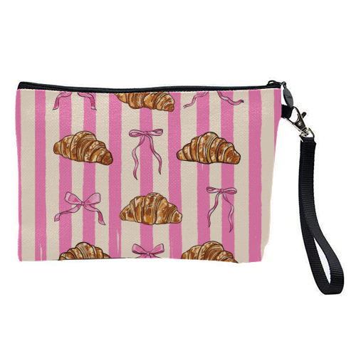 Vintage Pink Stripes Coquette Bows & Croissant Illustration - pretty makeup bag by EZbie