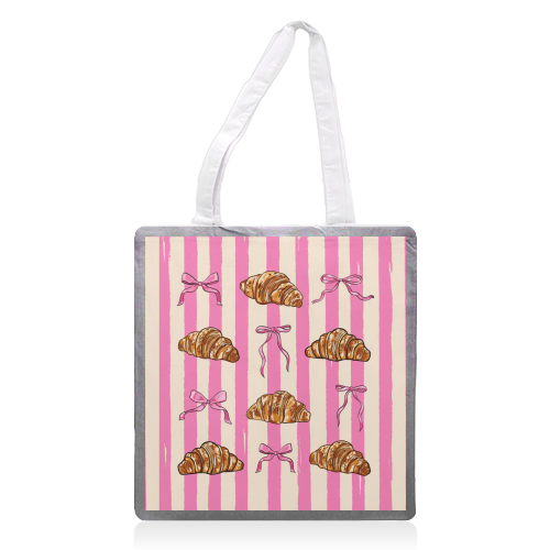 Vintage Pink Stripes Coquette Bows & Croissant Illustration - printed canvas tote bag by EZbie