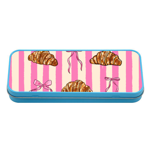Vintage Pink Stripes Coquette Bows & Croissant Illustration - tin pencil case by EZbie