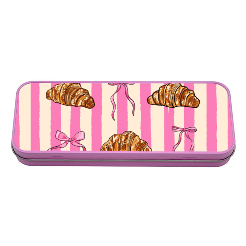 Vintage Pink Stripes Coquette Bows & Croissant Illustration - tin pencil case by EZbie