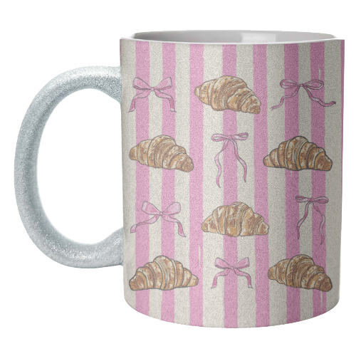 Vintage Pink Stripes Coquette Bows & Croissant Illustration - unique mug by EZbie