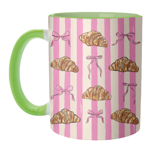 Vintage Pink Stripes Coquette Bows & Croissant Illustration - unique mug by EZbie