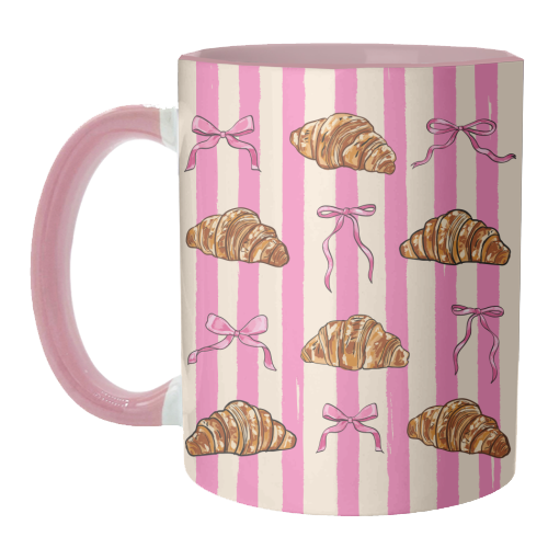 Vintage Pink Stripes Coquette Bows & Croissant Illustration - unique mug by EZbie