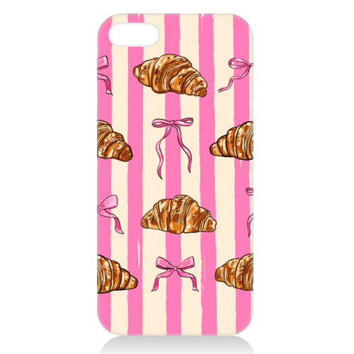 Vintage Pink Stripes Coquette Bows & Croissant Illustration - unique phone case by EZbie