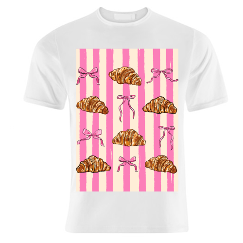 Vintage Pink Stripes Coquette Bows & Croissant Illustration - unique t shirt by EZbie