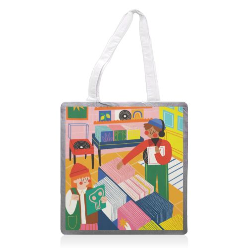 Vinyl Shop - printed canvas tote bag by AbiGoLucky