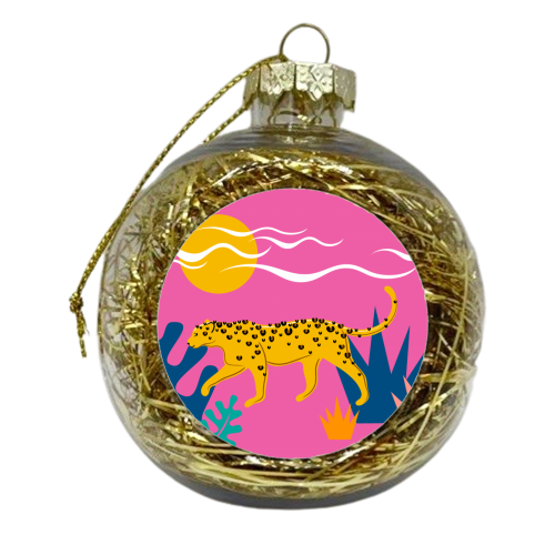 Walking Leopard Illustration ( pink background ) - xmas bauble by Adam Regester