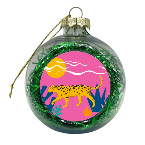 Walking Leopard Illustration ( pink background ) - xmas bauble by Adam Regester