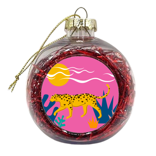 Walking Leopard Illustration ( pink background ) - xmas bauble by Adam Regester