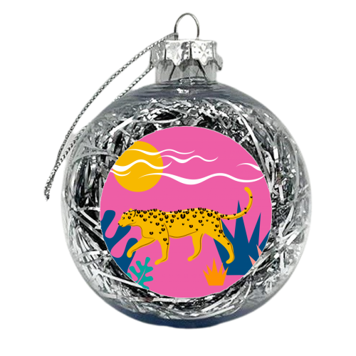 Walking Leopard Illustration ( pink background ) - xmas bauble by Adam Regester