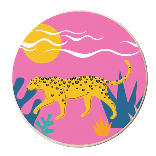 Walking Leopard Illustration ( pink background ) - personalised beer coaster by Adam Regester
