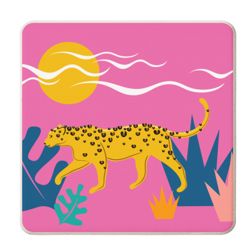 Walking Leopard Illustration ( pink background ) - personalised beer coaster by Adam Regester