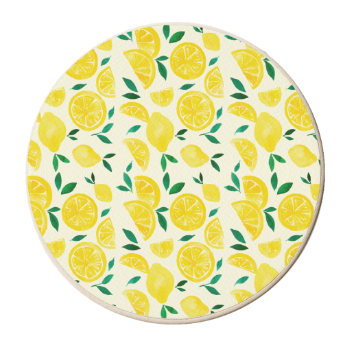 Watercolor lemons pattern - personalised beer coaster by Angela Minca