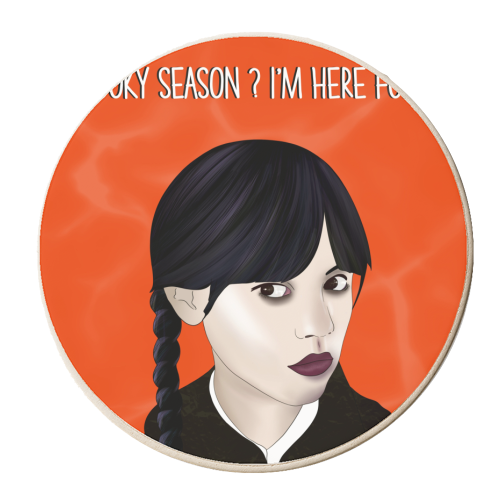 Wednesday Addams Spooky Season - Here for it - personalised beer coaster by Lisa Wardle