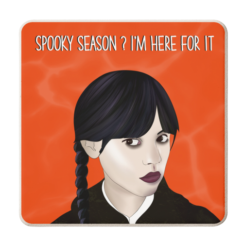 Wednesday Addams Spooky Season - Here for it - personalised beer coaster by Lisa Wardle