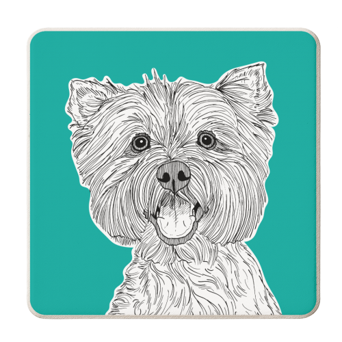 West Highland Terrier Dog Portrait ( teal background ) - personalised beer coaster by Adam Regester