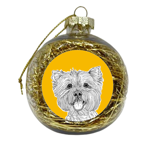 West Highland Terrier Dog Portrait ( yellow background ) - xmas bauble by Adam Regester