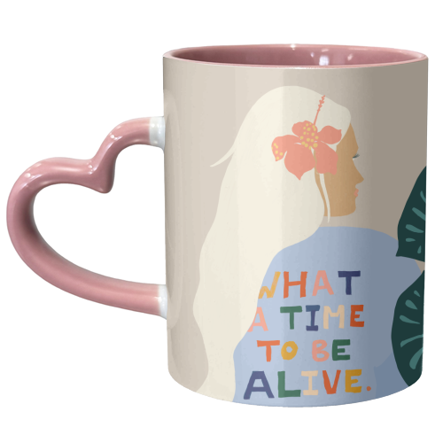 What A Time To Be Alive | Blonde Woman with a Positive Mindset Gratitude & Good Vibes | Fun Tropical - unique mug by Uma Prabhakar Gokhale