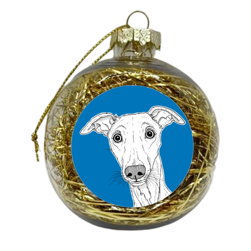Whippet Dog Portrait ( blue background ) - xmas bauble by Adam Regester