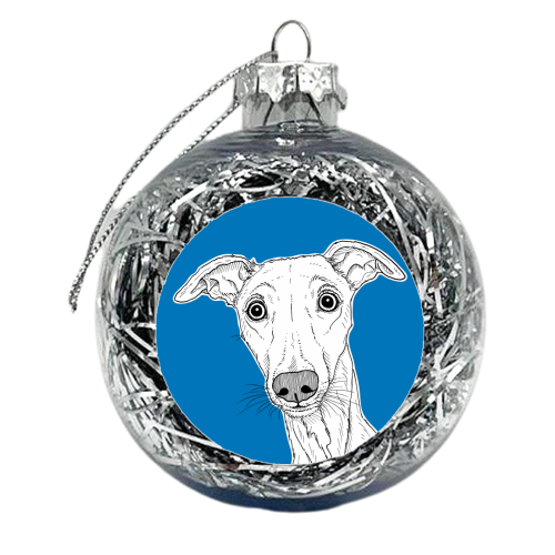 Whippet Dog Portrait ( blue background ) - xmas bauble by Adam Regester