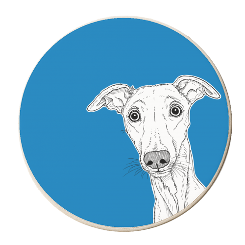 Whippet Dog Portrait ( blue background ) - personalised beer coaster by Adam Regester