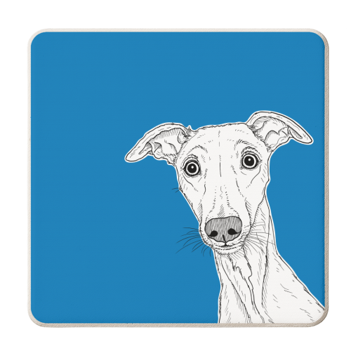 Whippet Dog Portrait ( blue background ) - personalised beer coaster by Adam Regester
