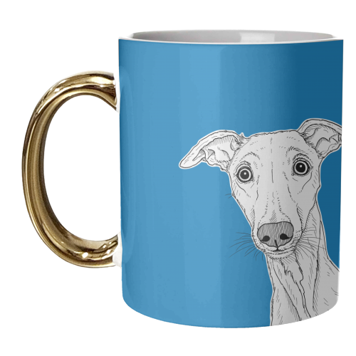 Whippet Dog Portrait ( blue background ) - unique mug by Adam Regester