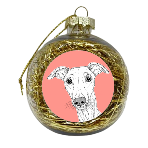 Whippet Dog Portrait ( coral background ) - xmas bauble by Adam Regester