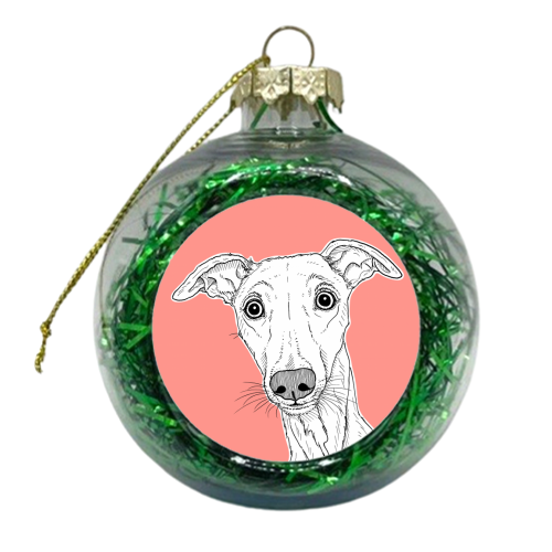 Whippet Dog Portrait ( coral background ) - xmas bauble by Adam Regester