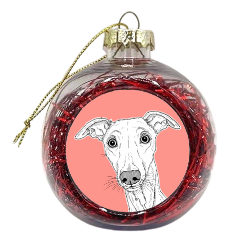 Whippet Dog Portrait ( coral background ) - xmas bauble by Adam Regester