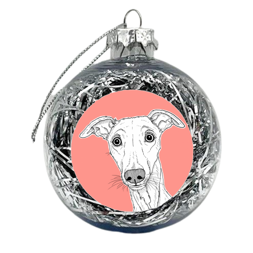 Whippet Dog Portrait ( coral background ) - xmas bauble by Adam Regester
