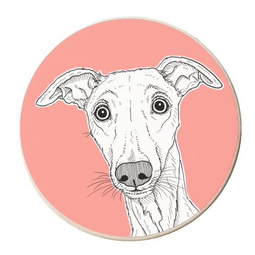 Whippet Dog Portrait ( coral background ) - personalised beer coaster by Adam Regester
