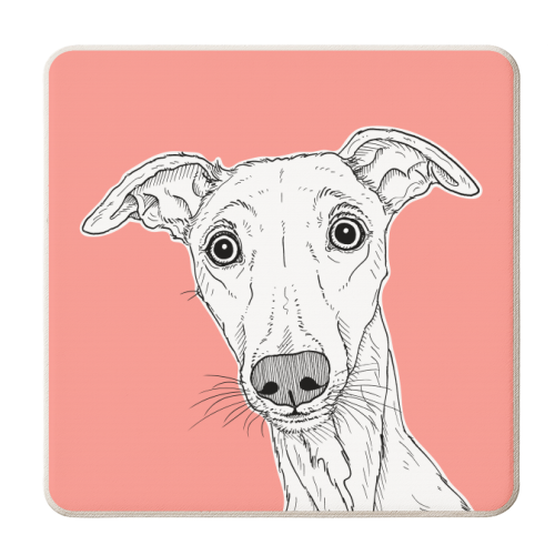 Whippet Dog Portrait ( coral background ) - personalised beer coaster by Adam Regester