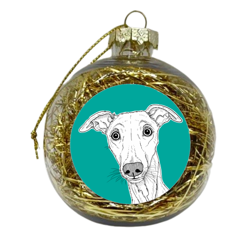 Whippet Dog Portrait ( teal background ) - xmas bauble by Adam Regester