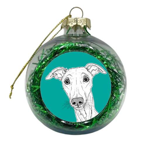 Whippet Dog Portrait ( teal background ) - xmas bauble by Adam Regester