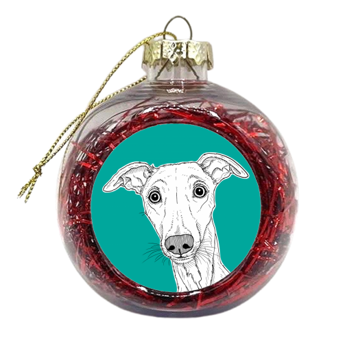Whippet Dog Portrait ( teal background ) - xmas bauble by Adam Regester